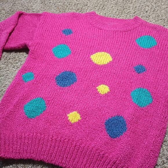Vtg Private Party Women’s Pullover Sweater Pink Polka Dots Crew Neck Sz Small - Picture 2 of 8